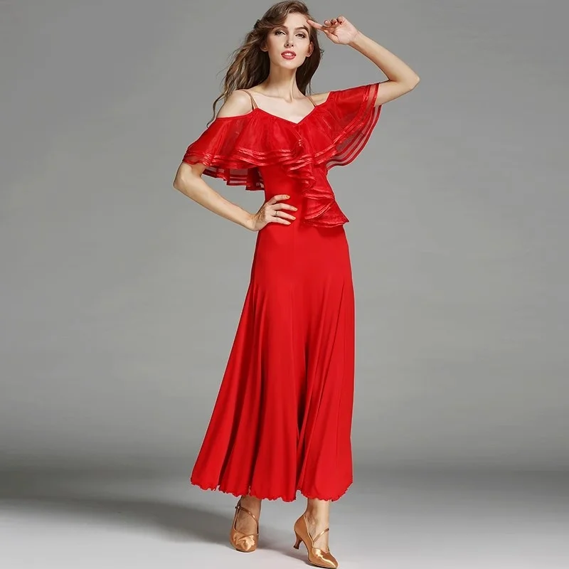 

French classic ballroom dance long skirt women Lotus leaf collar Modern Dance Stage Performance Costume Red slip dance dress