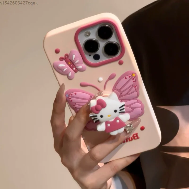 Sanrio Hello Kitty Butterfly Wings IPhone 15 14 Pro Max Apple 13 12 11 Silicone Cute Case Luxury Shockproof Cover With Holder