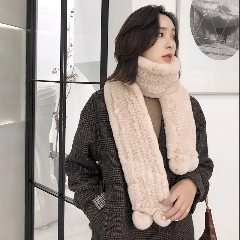 New Winter Knitted Real Rex Rabbit Fur Scarf Long Women Warm Fluffy Scarves with Pompom