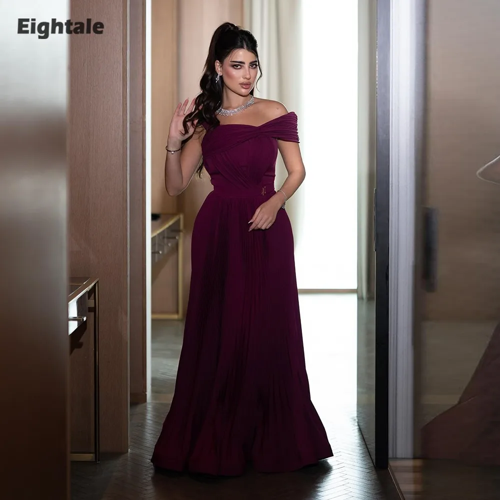 

Eightale Arabic Evening Dress Off the Shoulder Purple Pleats A-Line Customized Satin Prom Wedding Party Gowns