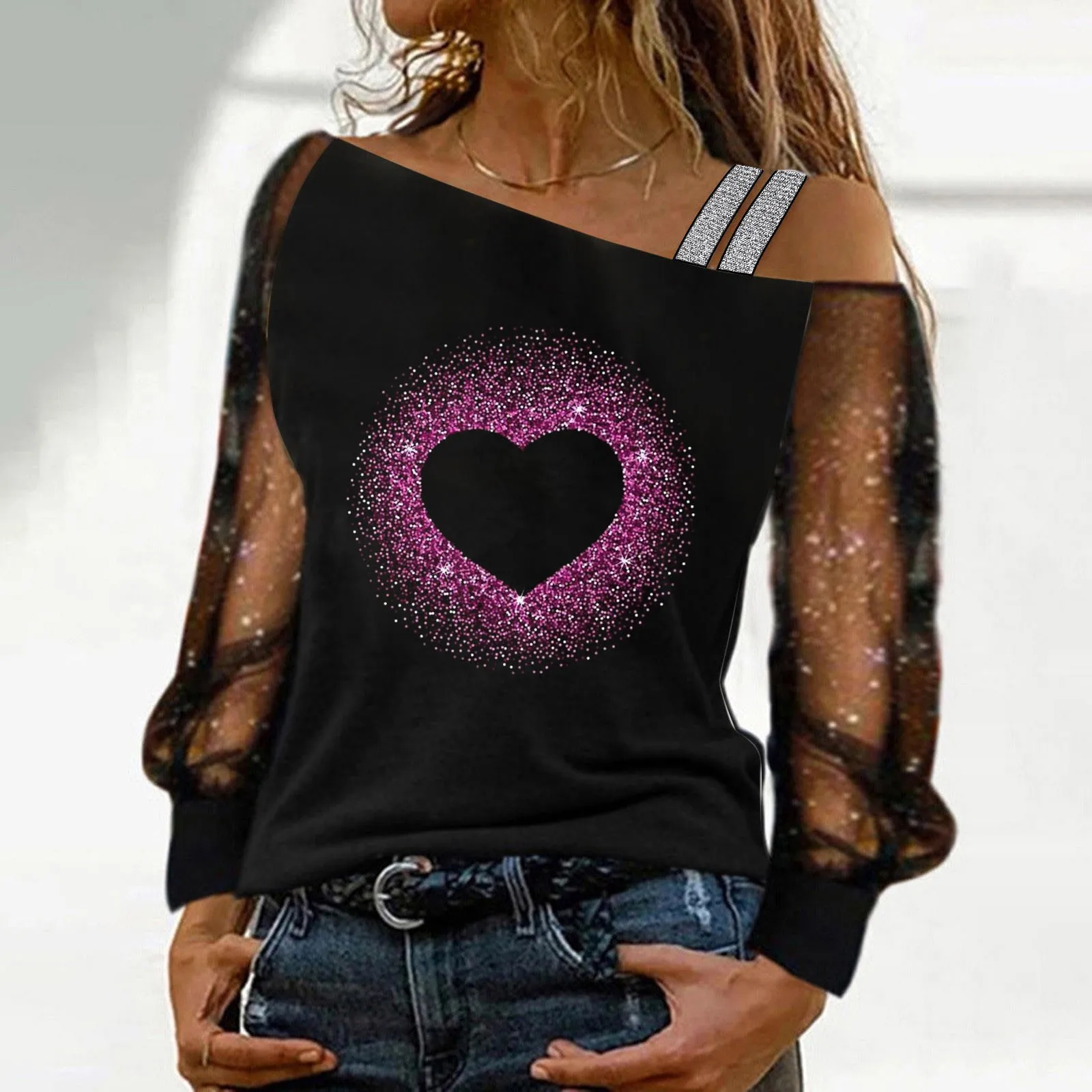 

Compression Shirts Women Long Sleeve Women'S Casual Love Fine Glitter Printed Mesh Long Sleeved Patchwork Womens Summer T Shirts