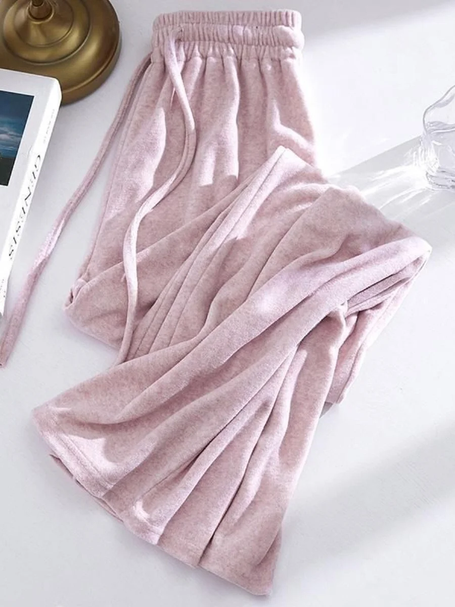 pink-glutinous-wide-leg-pants-women's-autumn-winter-new-loose-versatile-draped-comfortable-fashionable-thick-two-piece-set-top