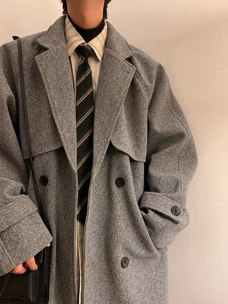 

Men's Thiened Double-breasted Woolen Coat Spring Autumn Medium-length Trendy Brand Loose Outerwear New 2025 Large Size