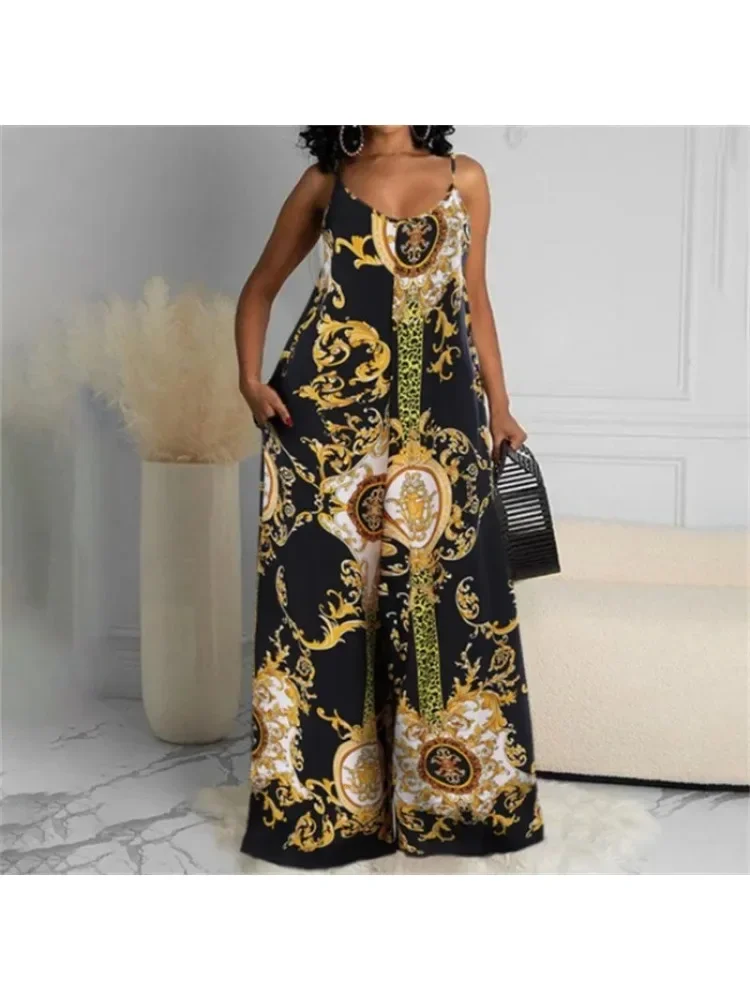 Plus Size Summer Women\'s Casual Elegant Printed Backless Jumpsuit Loose Sleeveless U-shaped Camisole Wide Leg Pants Jumpsuit