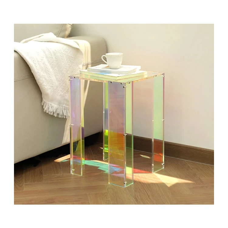 Square Bedside Tea Table Desk Rainbow Iridescent Acrylic Living Room Decorative Acrylic Coffee Table Furniture