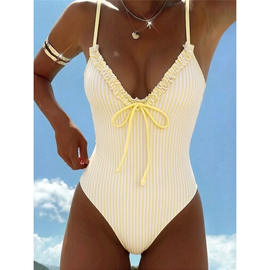 S - XL, gestreift, kariert, V-Ausschnitt, Damen-Badeanzug, einteiliger Badeanzug, Damenmodell mit Rüschen, hoher Beinausschnitt, gepolstert, Badebekleidung, Badeanzug, Modell V8288. – Detail 2