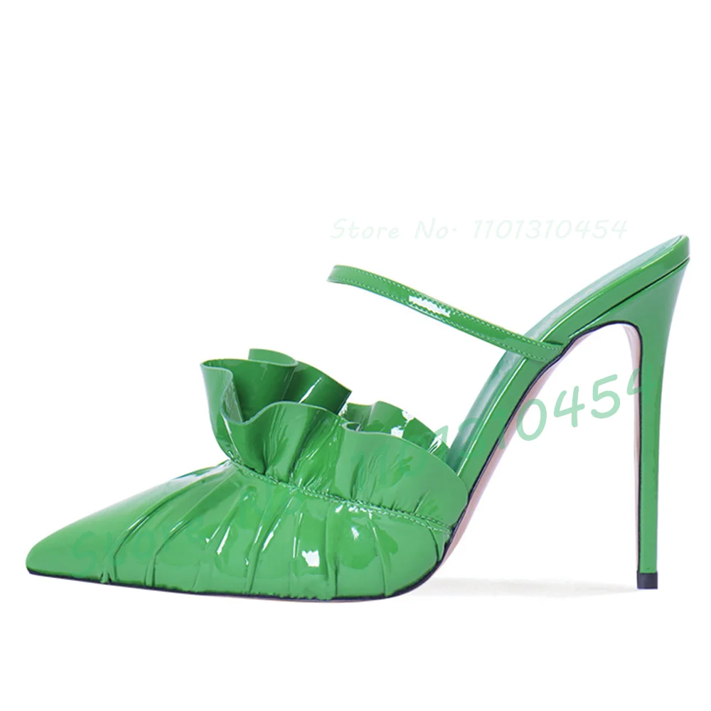 

Pointy Glossy Leather Slippers Women Summer Stiletto High Heels Green Ruffles Shoes Elegant Ladies Holiday Casual Trend Slippers