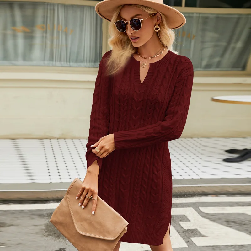 Womens Mid Length Knitted Dress Autumn Solid Color Notched V Neck Split Loose Pullover Woolen Dress Ladies Fall Formal Dresses