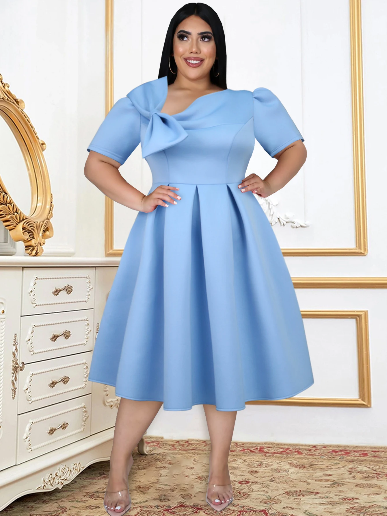 

Plus Size 4XL Women Prom Party Dress Bowtie Short Sleeve Pleated A-Line Gowns Elegant Formal Birthday Event Homecoming Vestidos