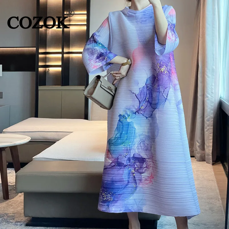 

Плиссированное Платье COZOK со стоячим воротником и рукавами-фонариками, длинные Универсальные женские платья свободного покроя, весна 2024, новая мода WT634