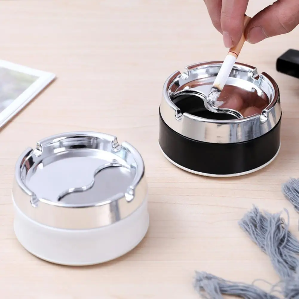 Round Ashtray Groove Design Stainless Steel Ash Holder Windproof Desktop Ash Container Cigarette Ashtray For Home Office Outdoor