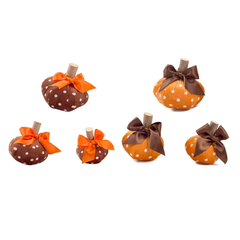 Pack of 3 Dots Fabric Wrapping Faux Pumpkin Figurines with Ribbon and Stem Ornaments for Fall and Halloween Decors