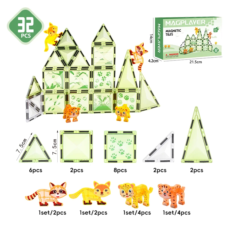 كتل مغناطيسية تعليمية من Magplayer للأطفال ألعاب مغناطيسية بلاط مغناطيسي ألعاب حيوانات متحركة ثلاثية الأبعاد للأطفال الصغار بعمر 3 سنوات فما فوق
