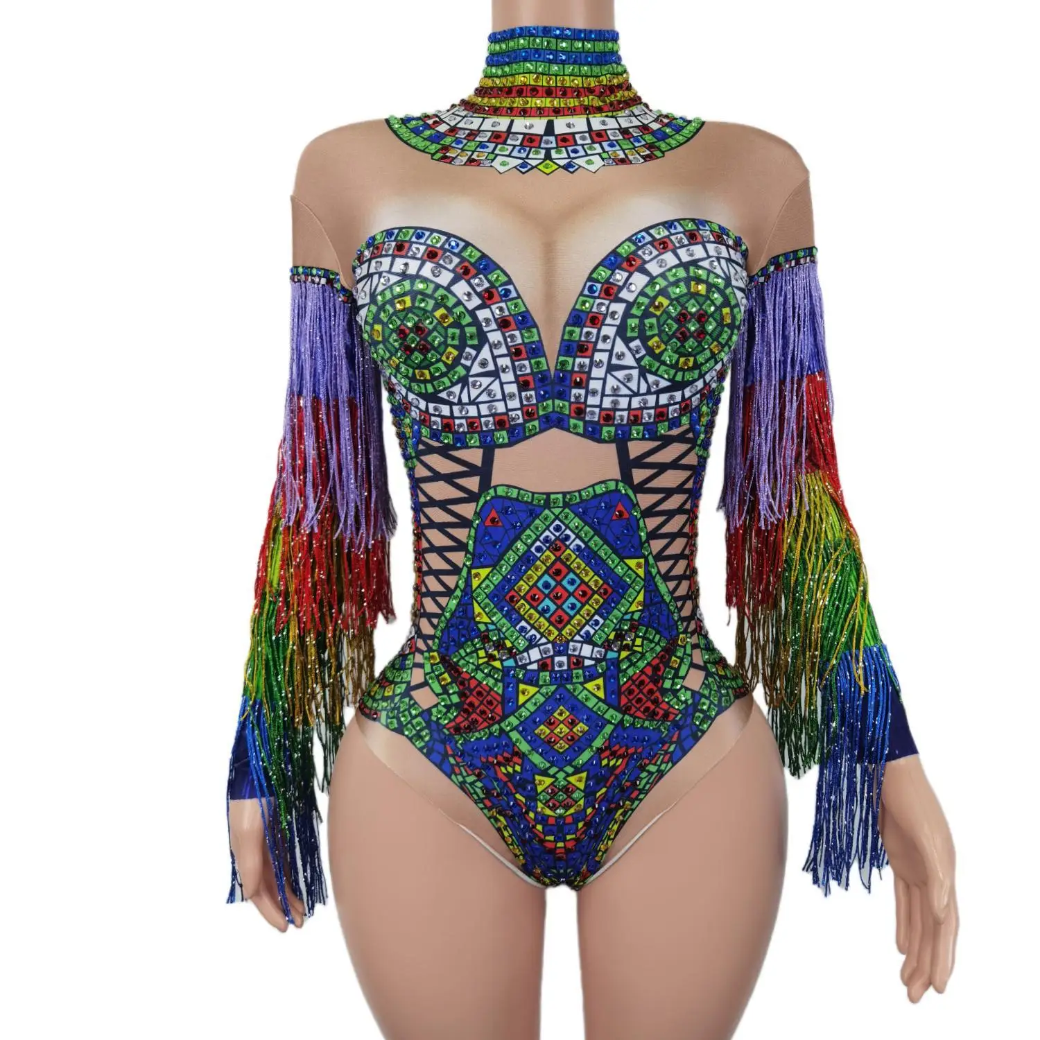 Sexy Multi-color Rhinestones Tassel Bodysuit Nightclub Dancer Party Stage Wear Pole Dance Fringe Crystal Leotard Costume Cizhuan