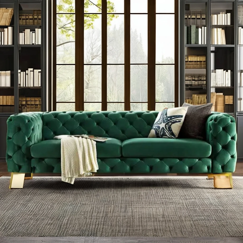 الحديثة 3 مقاعد تشيسترفيلد الذراع المخملية معنقدة الاقسام أريكة الأريكة مجموعة قاعدة من الاستانلس ستيل الجلود غرفة المعيشة أثاث الفندق