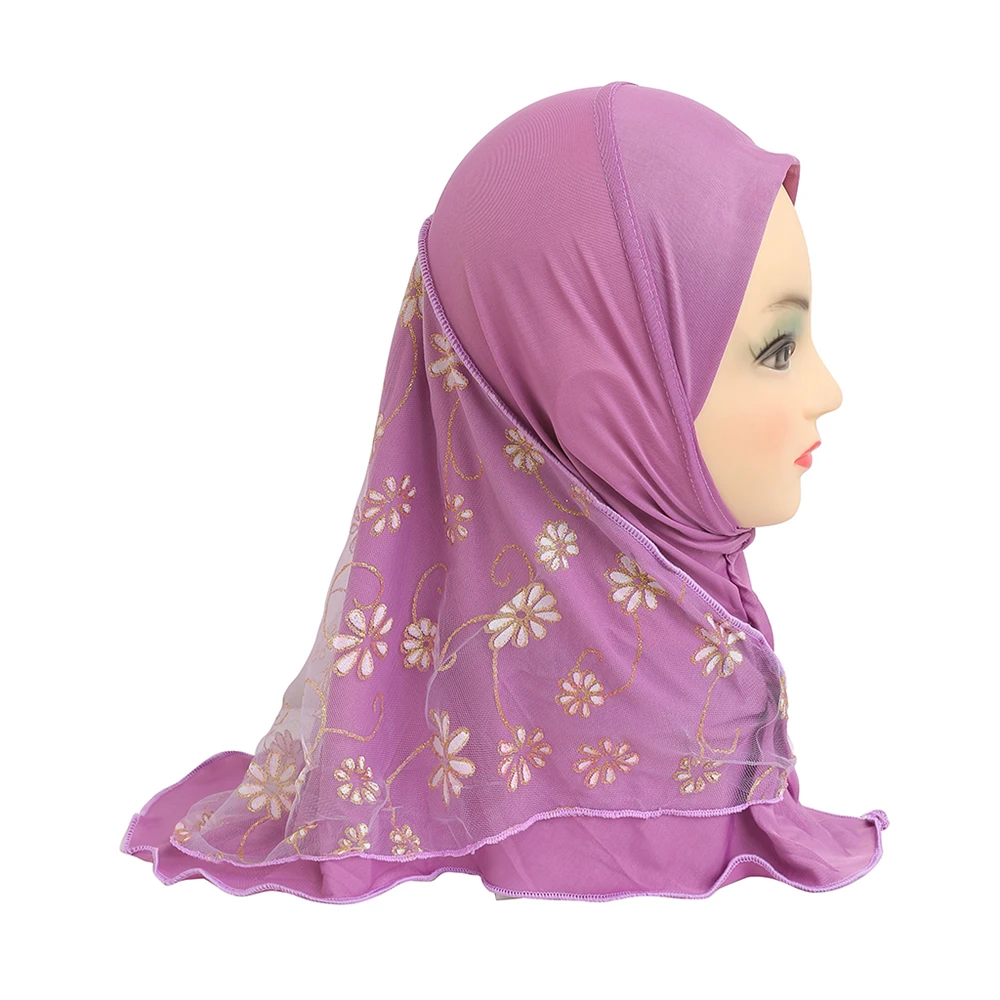 Moslim Kids Meisjes Kant Borduurwerk Hijab Voor 2-6 Jaar Oude Hoofddoek Tulband Islamitische Bidhoed Amira Arabische Hoofd Wrap Instant Sjaal