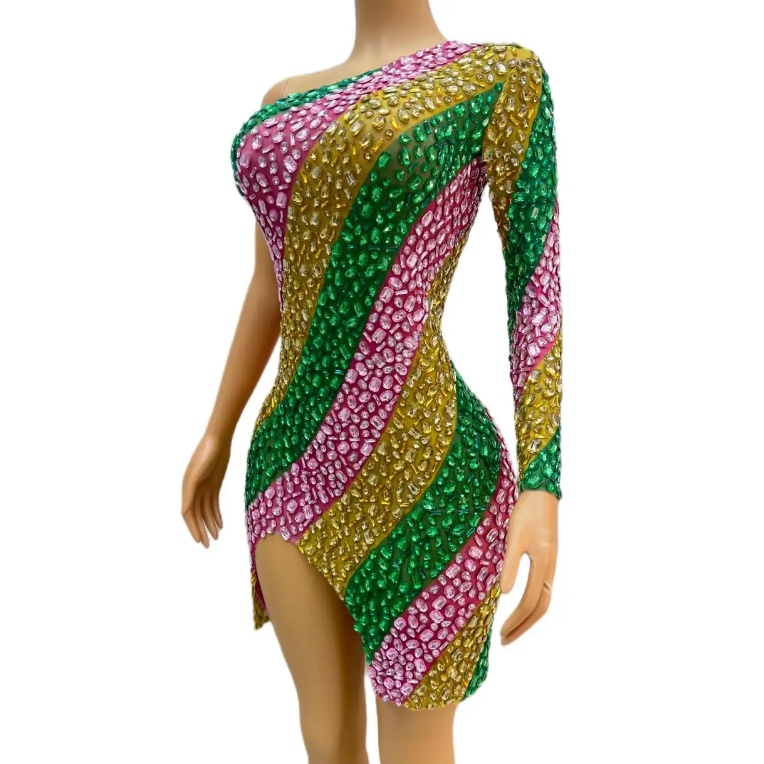 Women Colorful Rhinestone Dress Birthday Celebrate Evening Party Skinny Stretch Short Dress Singer Bar Stage Costume Chuncai