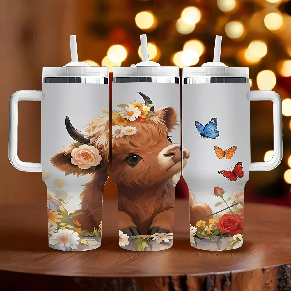 40Oz Insulated Tumbler with Handle, Printed with Cute Highland Cow, Flowers And Butterflies, Keeps Temperature for Long Time, Perfect As Holiday Birthday Gift, Suitable for Daily Use And Outdoor Activities