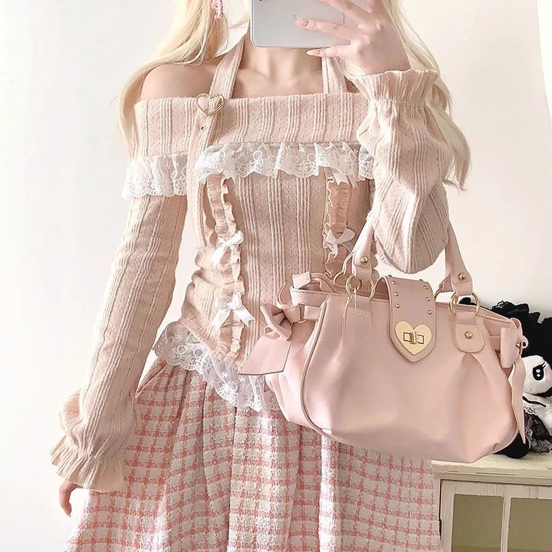 Outono inverno doce renda camisa de malha feminina um ombro pendurado pescoço japonês doce estética vintage manga longa topos novo