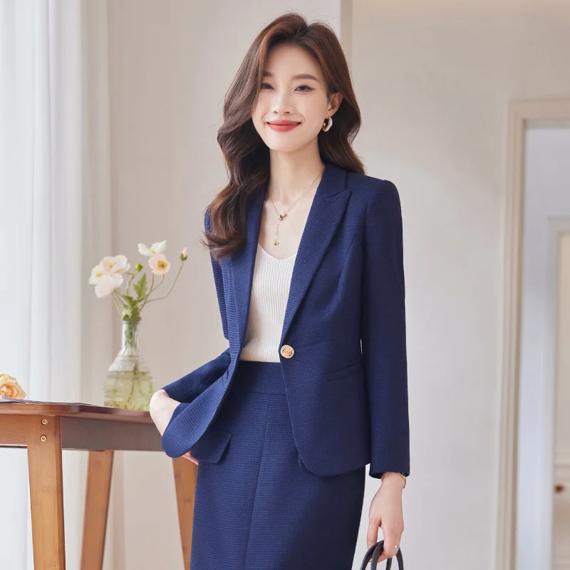 2023 Elegant Women Formal Jacket Skirt Suit Ladies Black Blue Beige Long Sleeve Female Blazer Two Piece Set For Autumn Winter