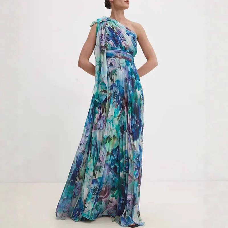 Robe de soirée longue en mousseline de soie pour femmes, Sexy, col incliné, nœud papillon, élégante, taille haute, balançoire, bohème, vacances