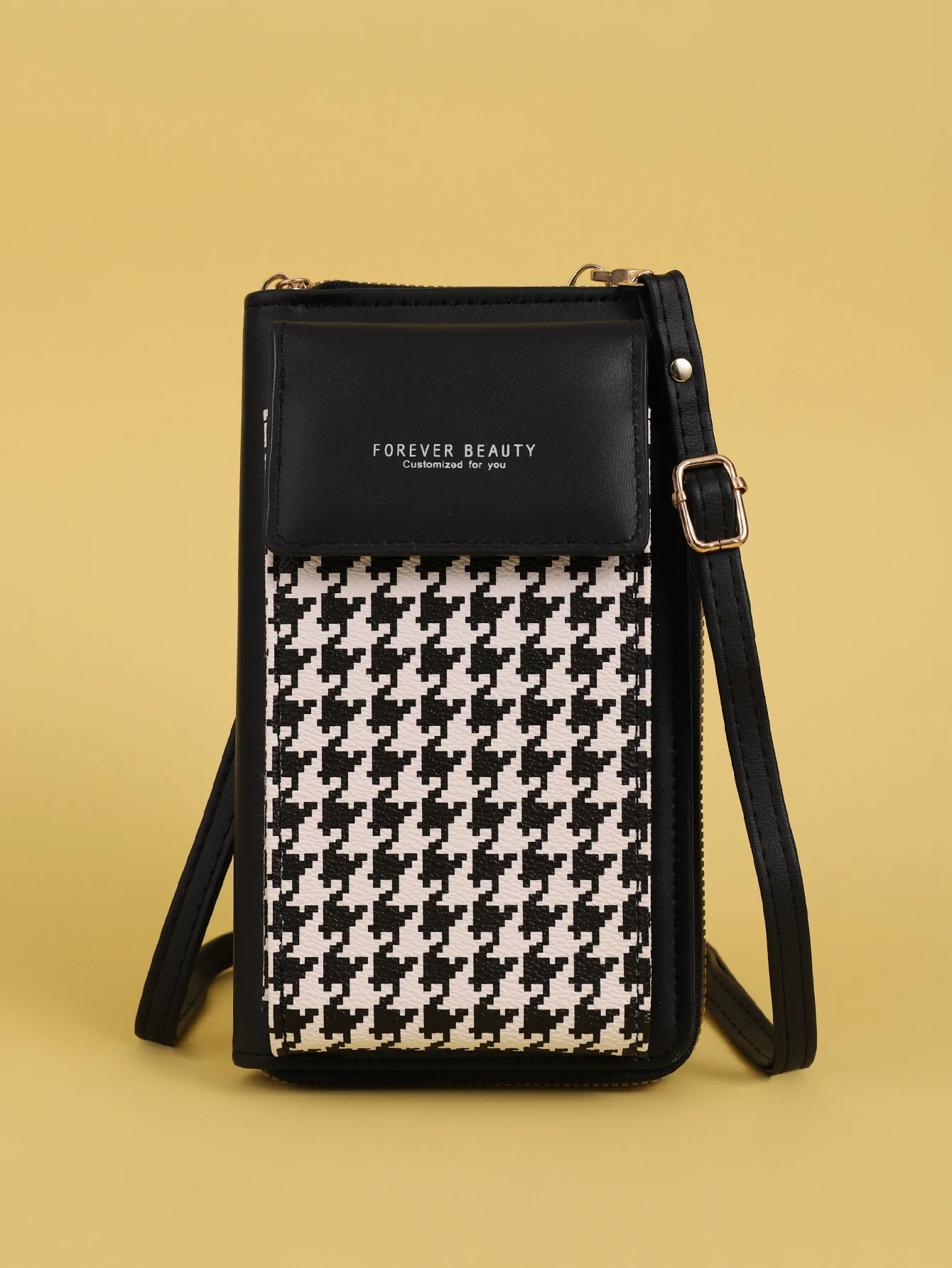 The new houndstooth fashion and versatile mobile phone bag magnetic buckle crossbody bag zipper vertical multi-functional wallet