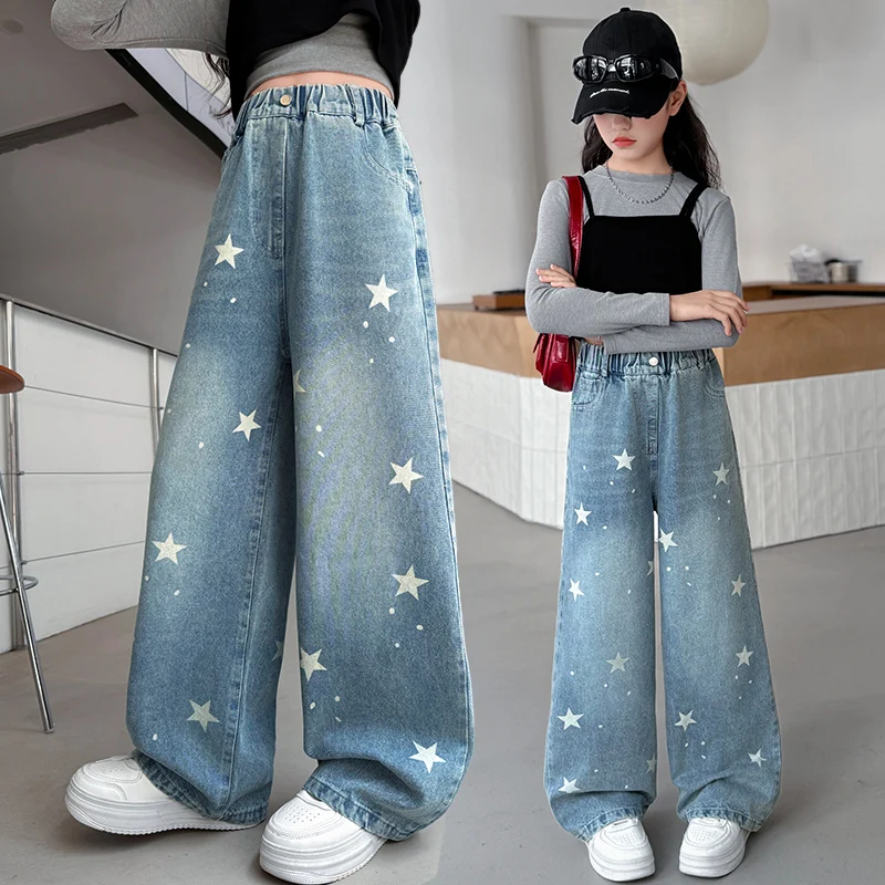 

Spring Autumn Kids Girl High Street Y2K Jeans with Stars American Teenage Children Fashion Harajuku Blue Denim Pants Trousers