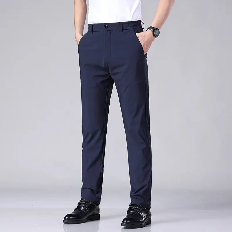 2023 Summer Casual Pants Men Thin Business Stretch Slim Elastic Waist Jogger Korean Classic Thin Black Gray Blue Trousers Male