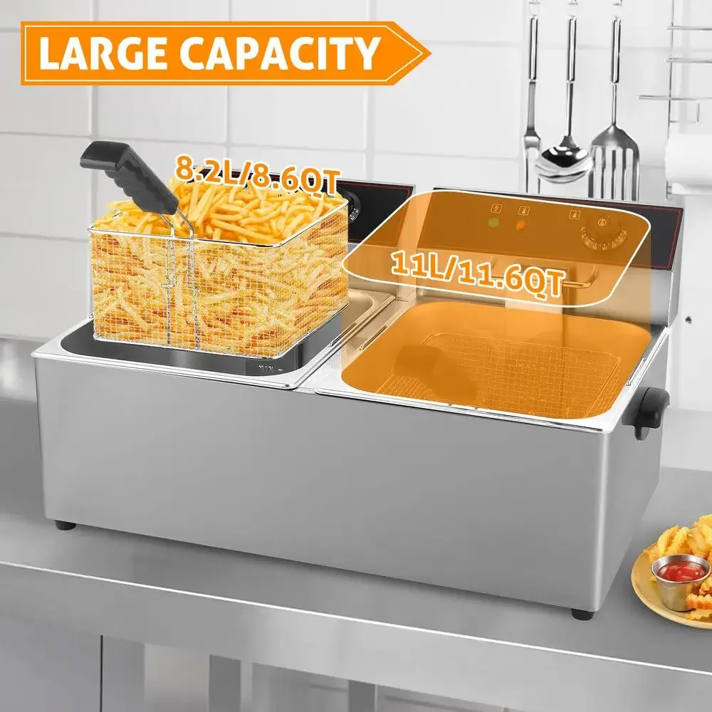 Kommerzielle Fritteuse mit Doppeltank, 4000 W, elektrische Fritteusen aus Edelstahl mit Körben, Temperaturregelung, professionelle Qualität