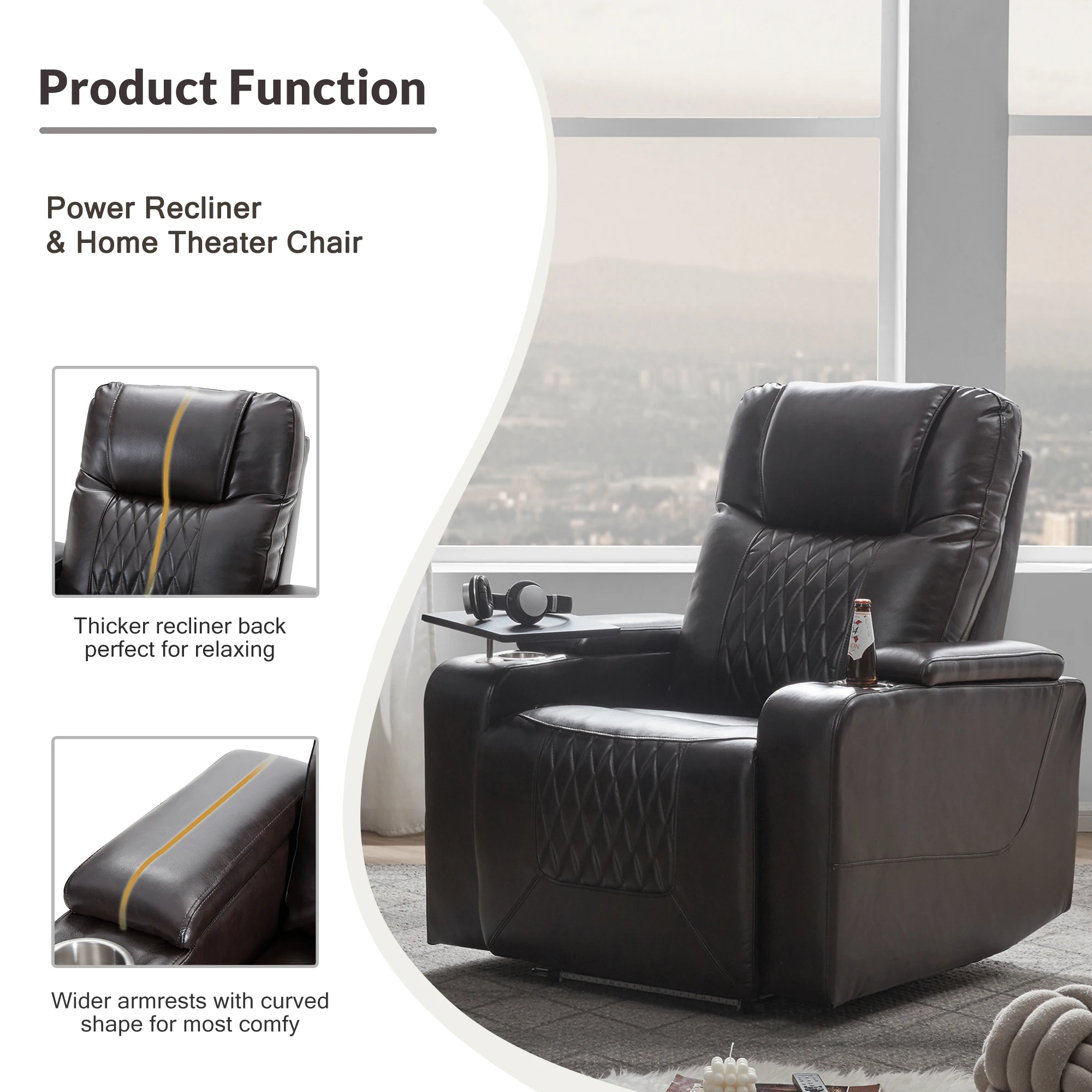 #Power Motion Recliner USB Charging Port Massage Remote Control Hidden Arm Storage 2 Convenient Cup Holders 360 Swivel Tray