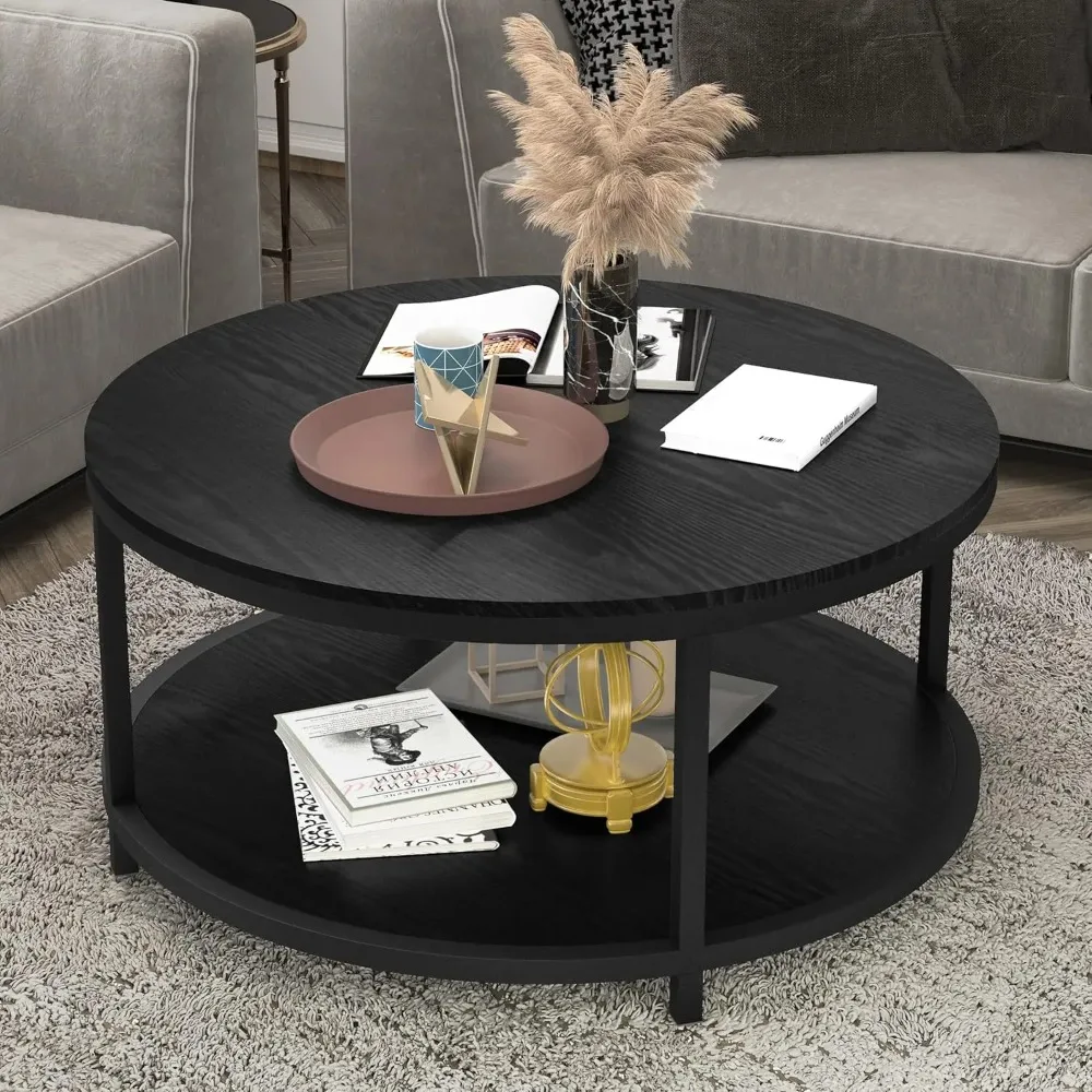 36 inches Round Coffee Table, Rustic Wooden Surface Top & Sturdy Metal Legs Industrial Sofa Table with Storage Open Shelf(Black)