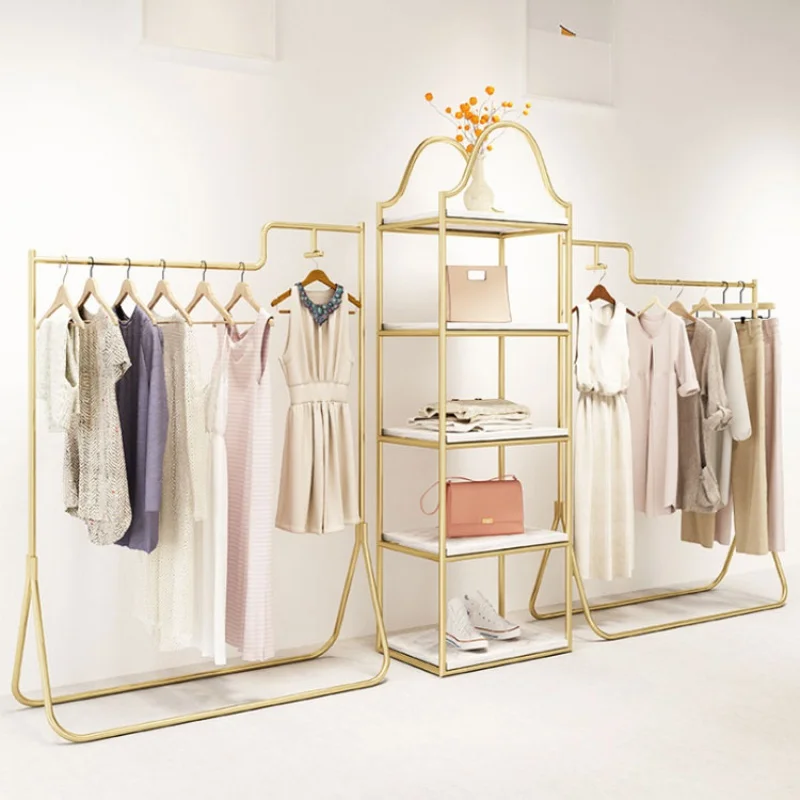 Custom, gold clothing rack cloth shop shoe bag display stand shelves boutique furniture