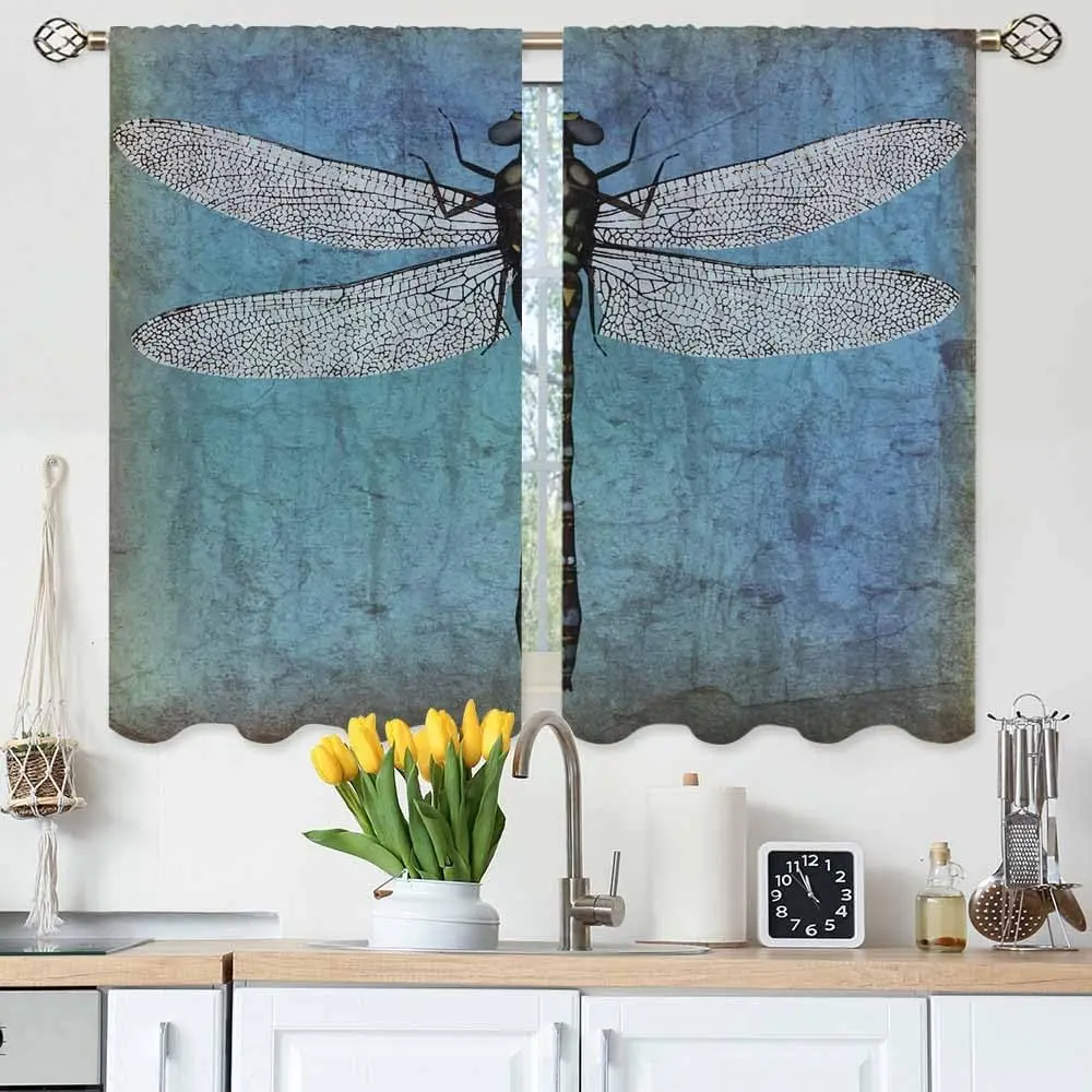 Dragonfly Kitchen Curtains Vintage Fly Wing Ages Rough Nature Modern Short Tier Curtains for Bathroom Cafe Small Window Drapes