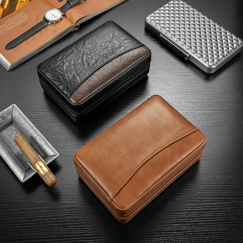 Leather Travel Cigar Humidor Cedar Wood Lined Portable Moisturizing Storage Bag For 6 Cigars With Built-in Humidifier Tray