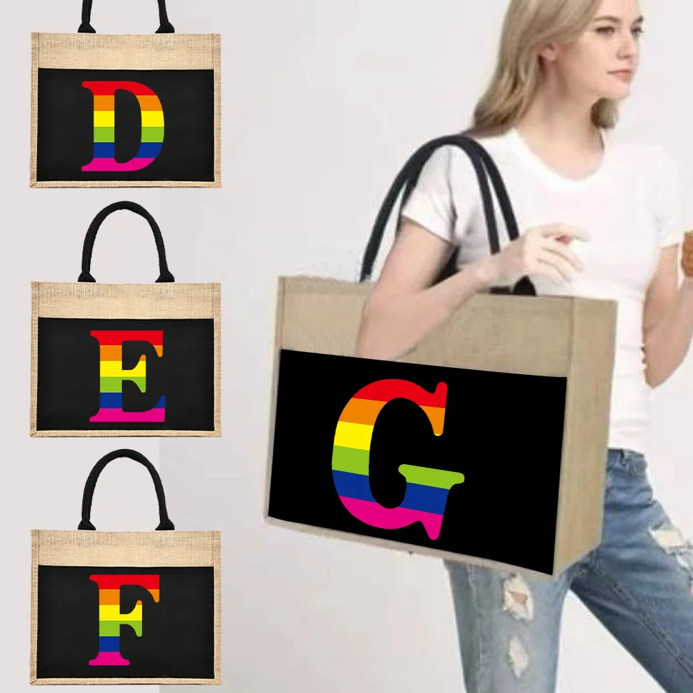 Jute Handbag Linen Shoulder Sacks Jute Imitation Sacks Linen Bags Rainbow Letter Printing Laminated Bags Designer Tote New Style