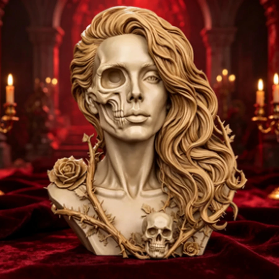 Estatua de busto de mujer con media calavera, rosas, diseño gótico, rostro femenino, esqueleto, figura de PLA, adorno de escritorio, decoración artística para Halloween, decoración del hogar.