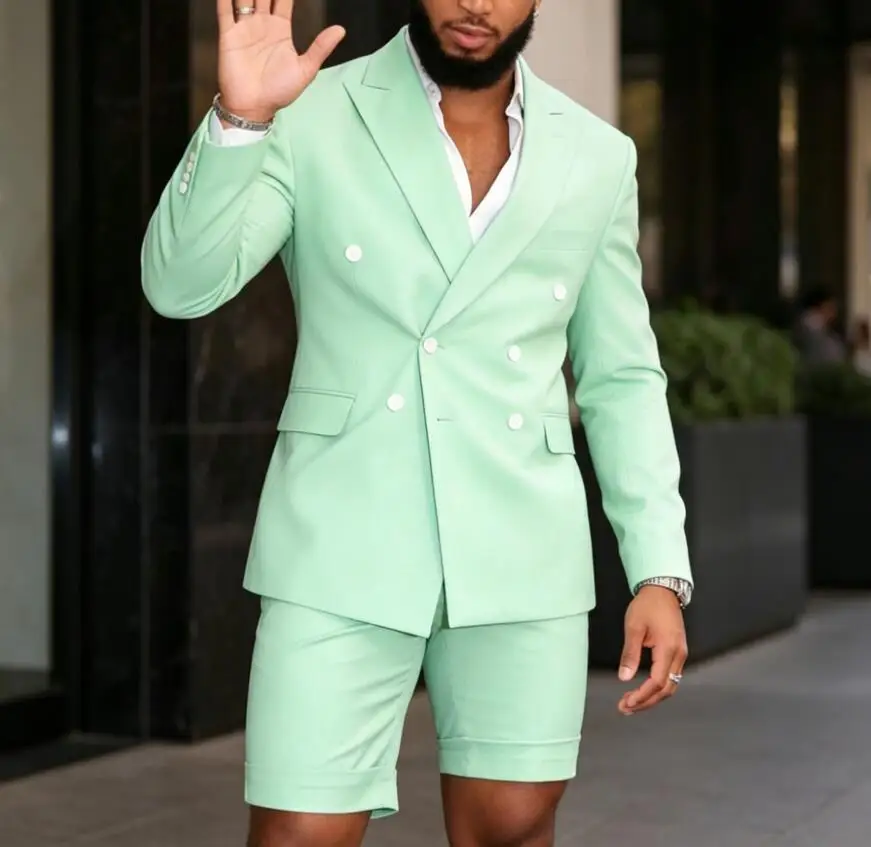 

Latest Design Mint Green Men Suits Double Breasted Blazer Short Pants Groom Tuxedo Best Man Wedding Suits 2 Piece (Jacket+Pants)
