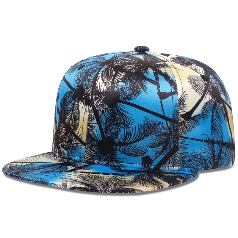 Men\'s Fashion Hip Hop Blue Coconut Tree Hat Brim Adjustable Baseball Hat Straight Buckle Snapback Cap Outdoor Sun Hat