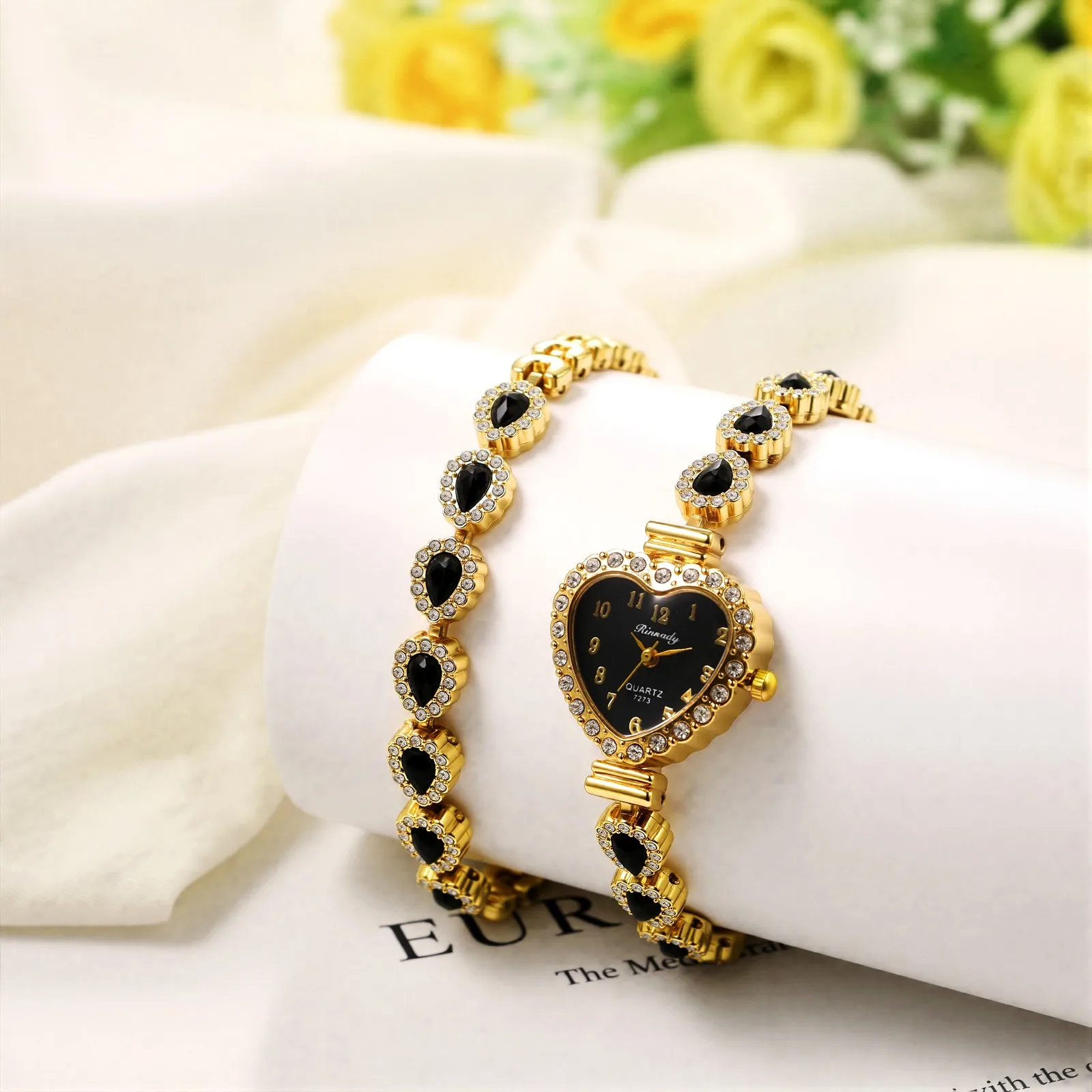 2pcs Luxury Women Heart Shaped Watch Birthstone CZ Bracelet Quartz Wristwatch Elegant Female Clock Birthday Gift Set for Her
