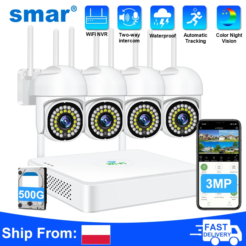 EU Lager WLAN Überwachungskamera Set Funk NVR 3MP PTZ Plug & Play Auto-Tracking Farb-Nachtsicht Außen CCTV