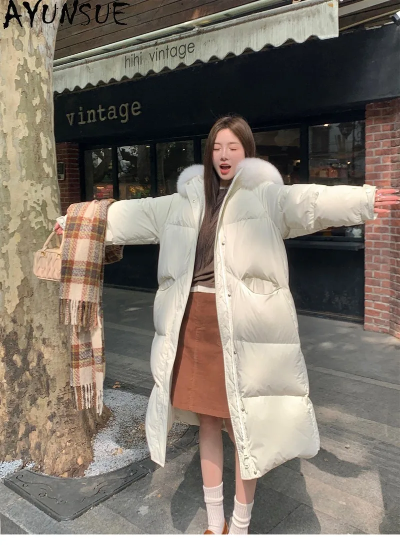 AYUNSUE Women White Goose Down Coat Big Fox Fur Collar Female Winter Clothes Puffer Jacket Long Length Jaqueta De Penas Feminina