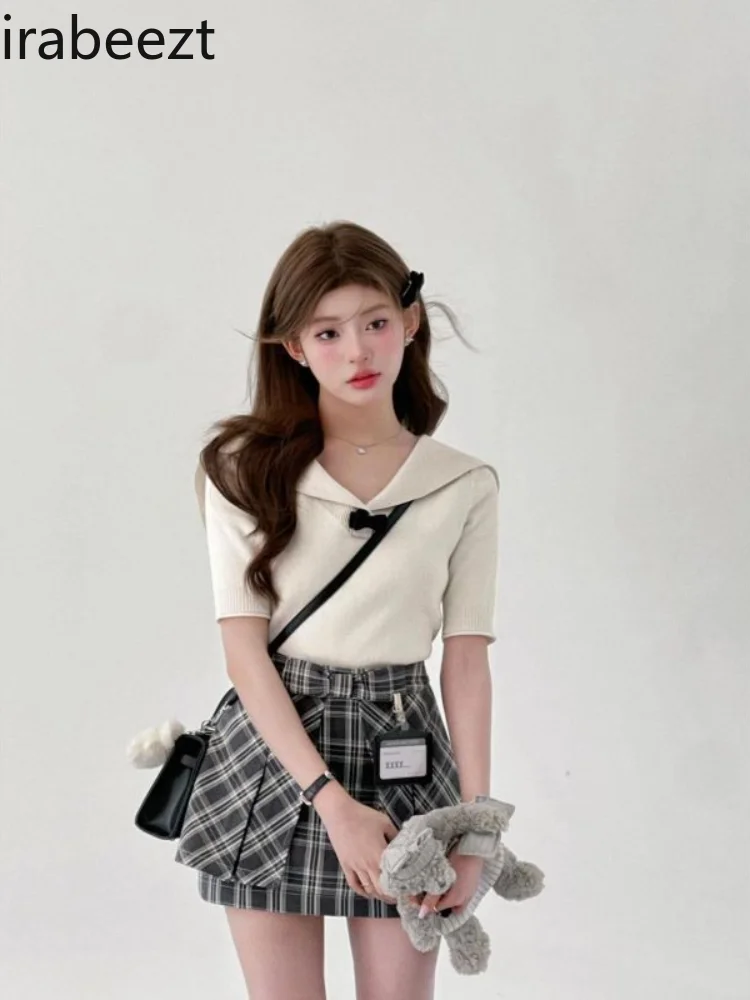 Summer Korean Version of The New College Style Navy Collar Top A Double-layer Design Slimming Skirt Two-piece Set