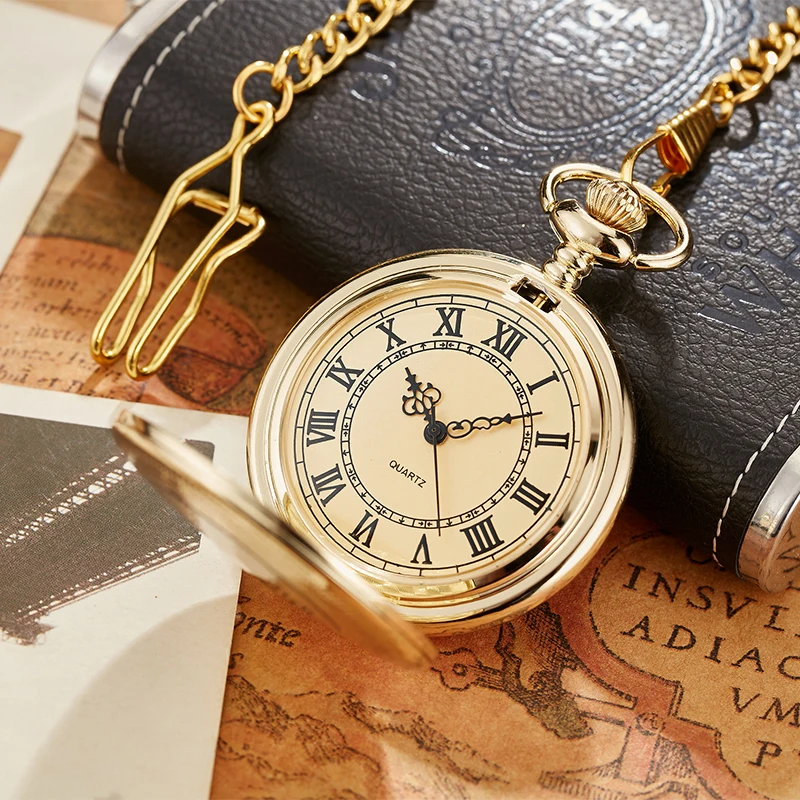 Vintage Roman Numerals Quartz Men Pocket Watch Luxury Gold Steampunk Fob Watch with Chain Necklace Pendant Clock for Men Women