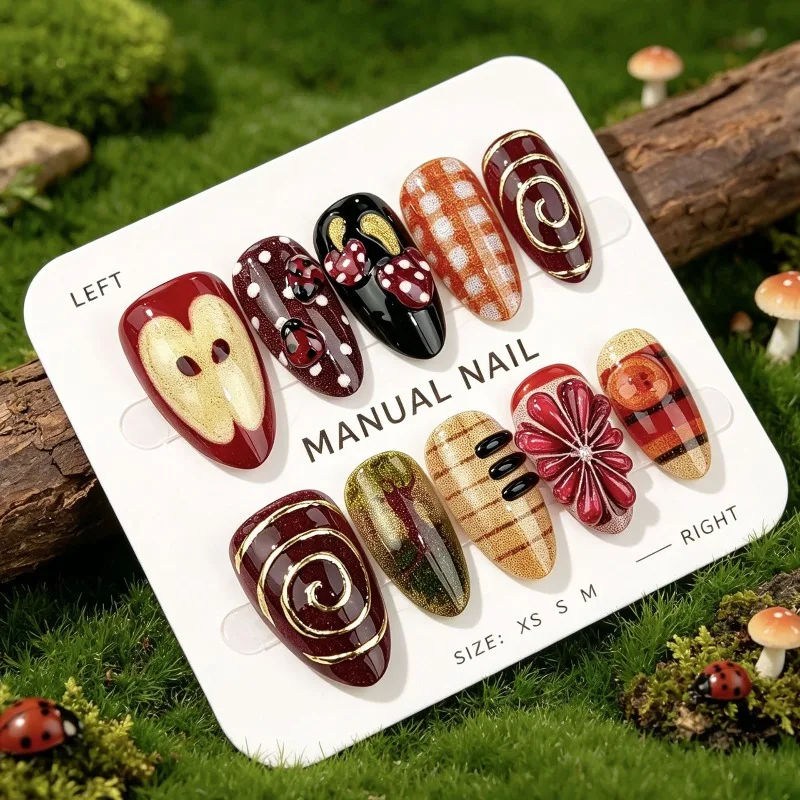 24PCS 3D Mushroom Almond Press on Nails Hand-painted Cute Apple Golden Spiral Polka Dot French Fake Nails Wearable Nail Manicure