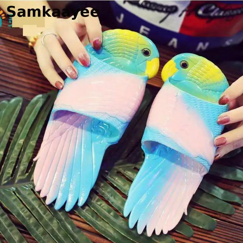 

32-41 женские тапочки, летняя обувь на плоской подошве, сандалии с рисунком животного и попугая, женские шлепанцы на мягкой подошве, пляжная обувь с открытым носком y10