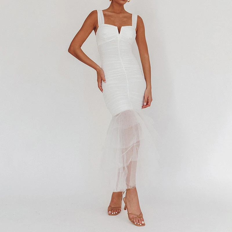 

Sexy Sleeveless Patchwork Mesh Wedding Party Dress Women Solid Slim Suspenders Party Dress Summer Pleated Ruffle Wrap Hips Dress
