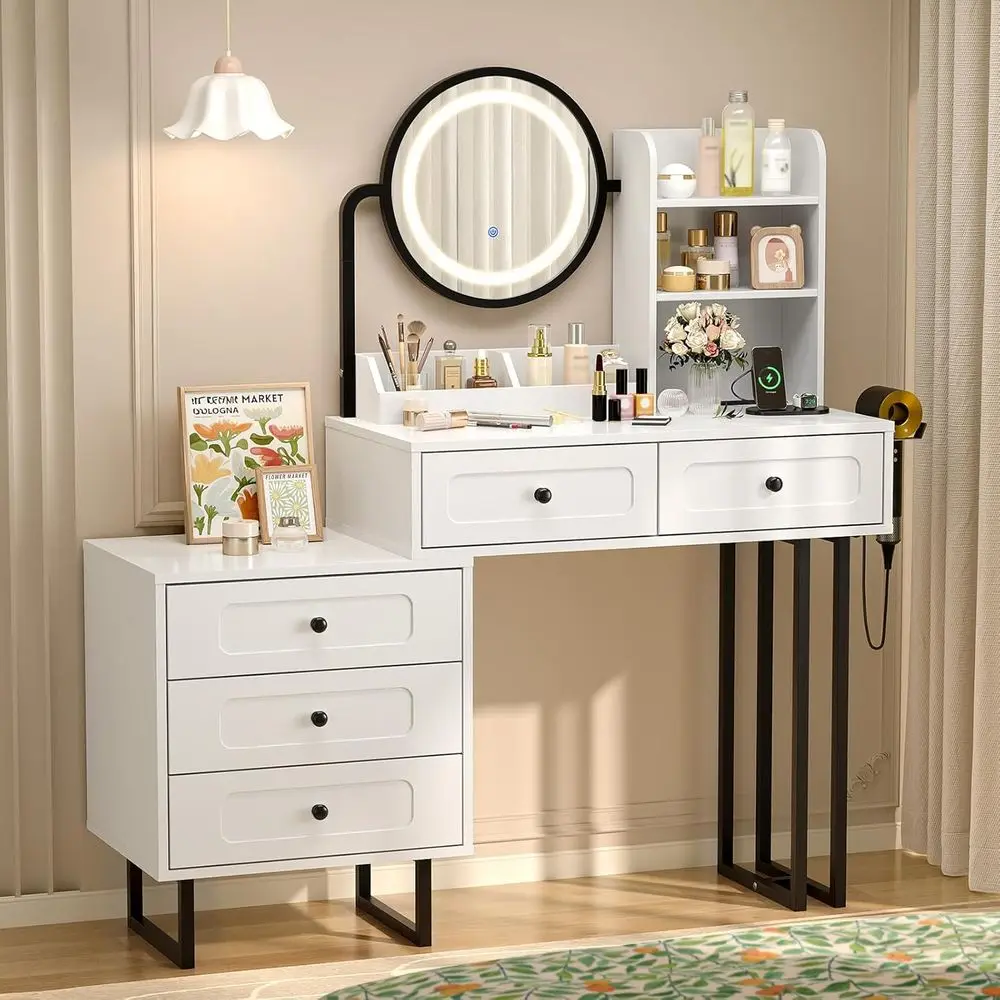 

Makeup Vanity Table with Round Mirror, Adjustable Lights, Power Outlets & Hairdryer Holder, Compact White Dressing Table with 5
