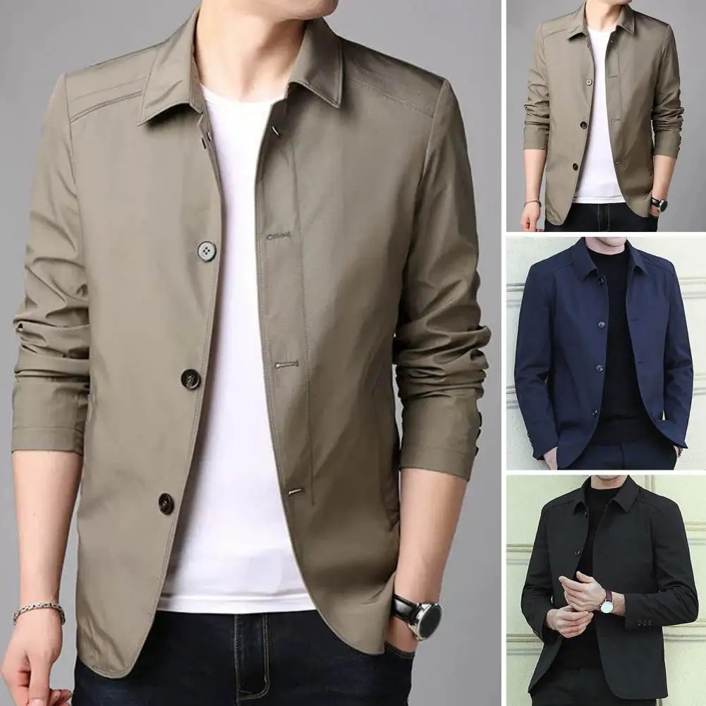 Chaqueta cálida de longitud media para hombre, abrigo elegante con cuello vuelto clásico, Color sólido, botonadura única para otoño