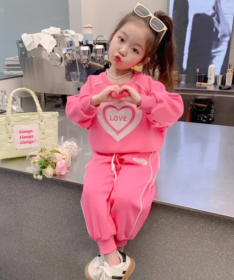 Kids Pullover Tops+Pants 2Pcs Casual Children Clothes Sets Spring Autumn Girls Long Sleeve Sweatshirts Suit Love Hearts Pattern