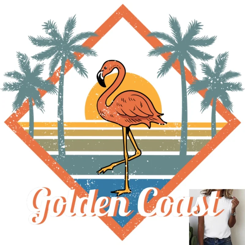 Tropical Flamingo Coconut Tree Sunset Pattern Heat - Transfer White Ink Iron - on Transfer, Suitable for T - shirts, Canvas